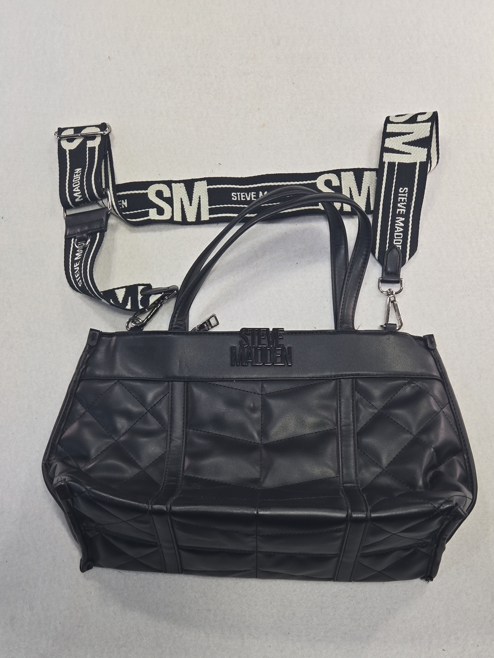 Steve Madden Belia 2 Black Logo-Print Quilted Satchel